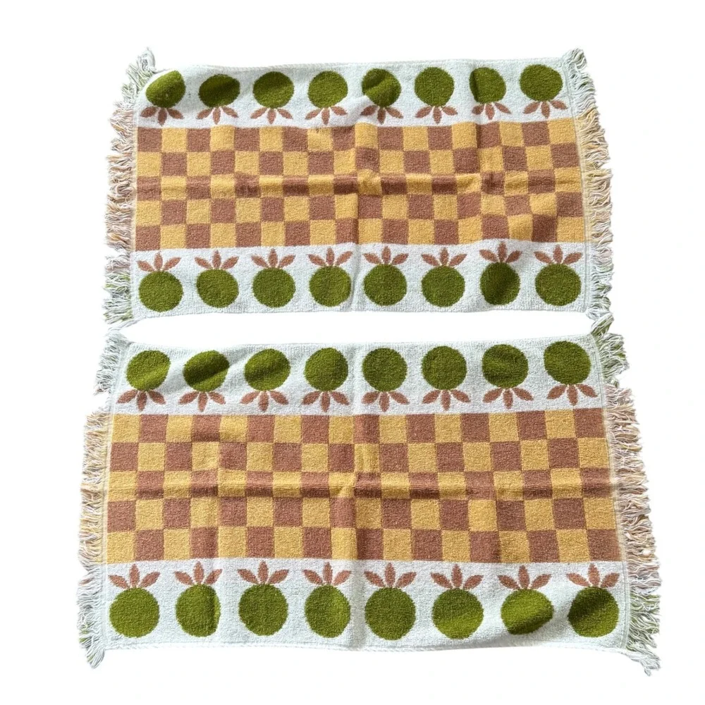 Vintage 1960's Martex Hand Towel Set Lot Pineapple Apple Checkered Retro 70s USA